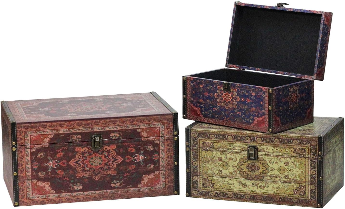 Northlight Set of 3 Oriental-Style Red, Brown and Cream Earth Tones Decorative Wooden Storage Boxes 17.25"