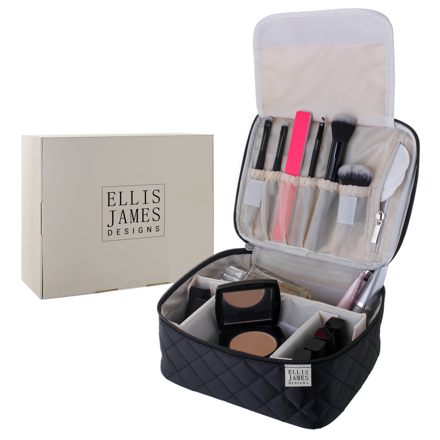 ELLIS JAMES DESIGNS Travel Makeup Bag Organizer for Women - Black - 2-in-1 Make Up Bag and Nail Polish Case - Large Makeup Brush Bag with, Handle and Compartments