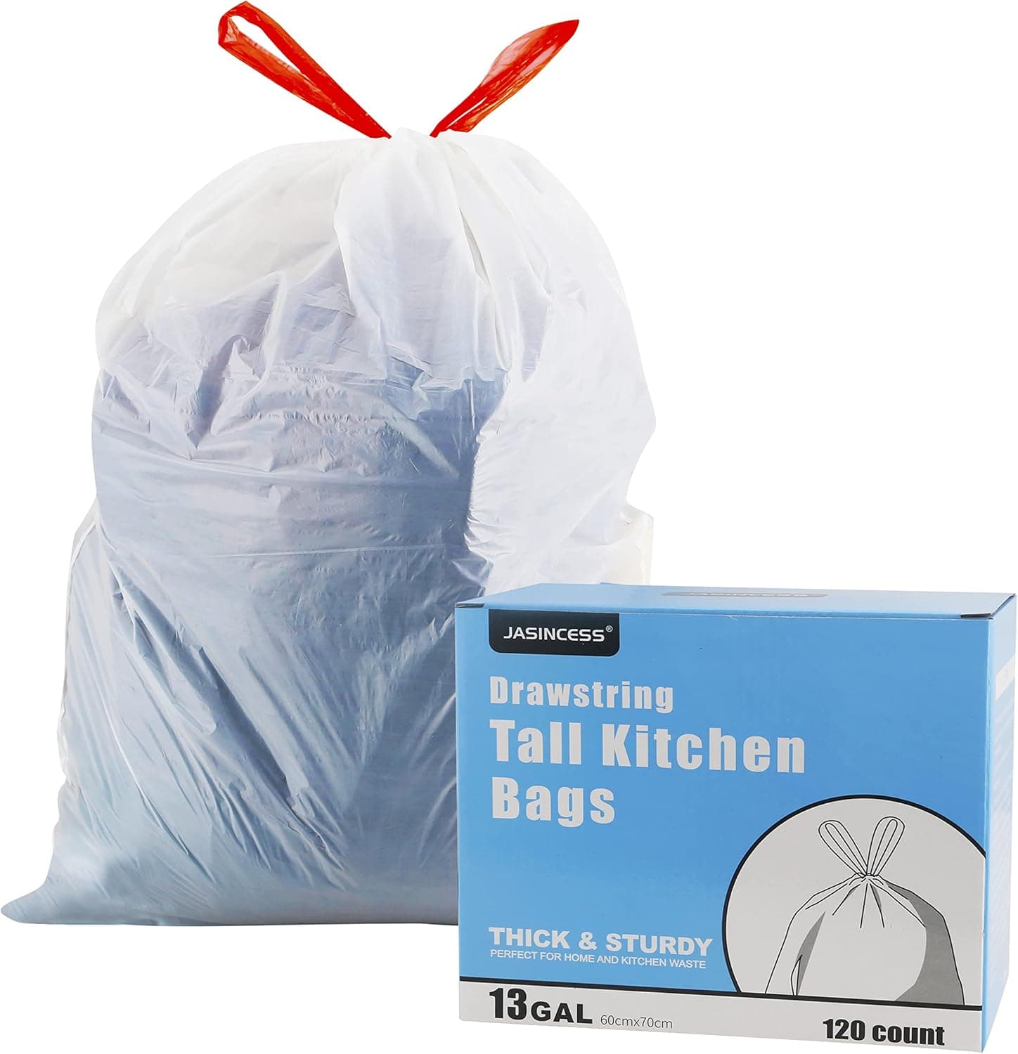 JASINCESS 13- 15 Gallon Drawstring Tall Kitchen Trash Bags- Thick Multi purpose Garbage Bags For Kitchen, Bathroom, Office- 120 Count