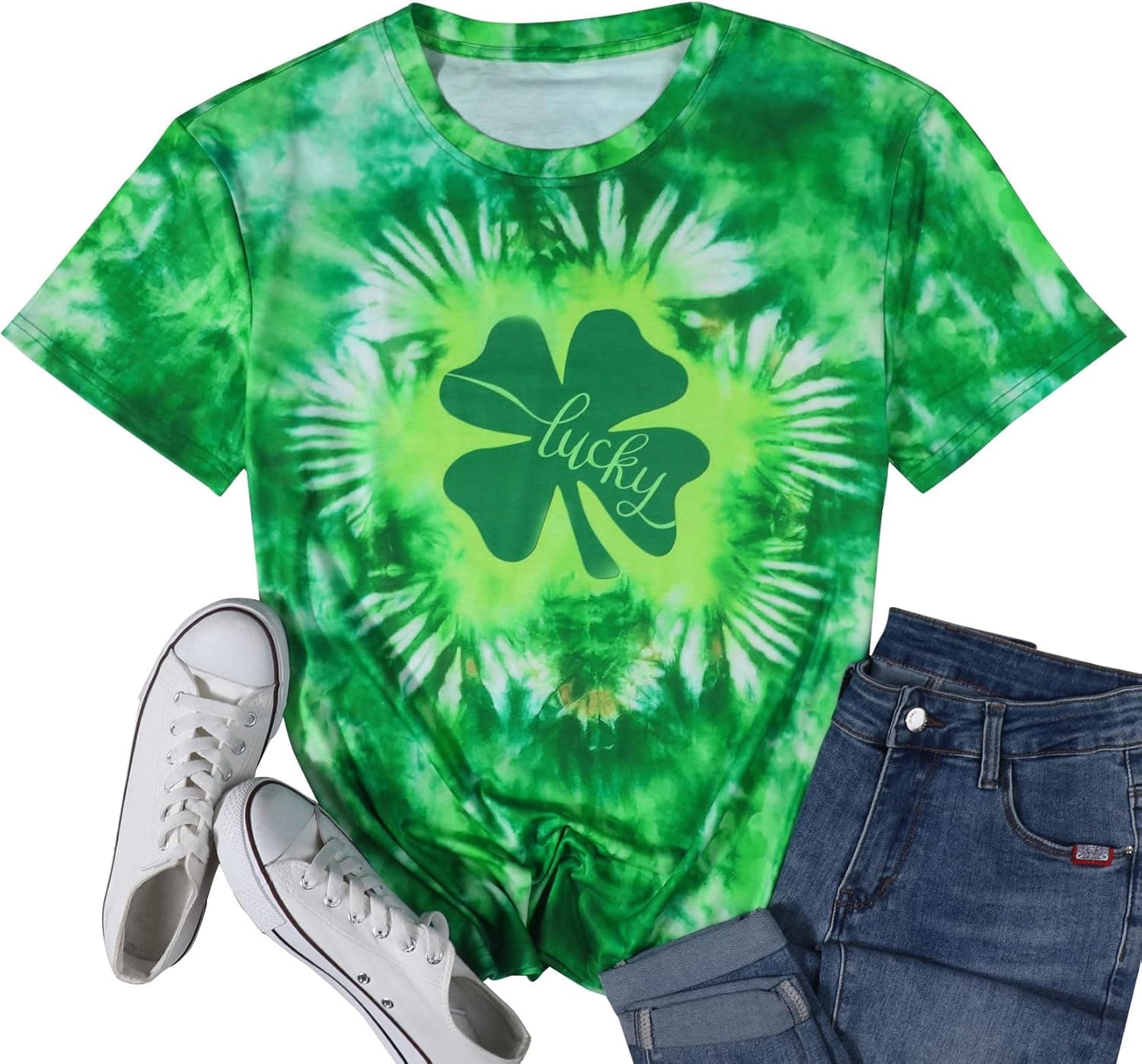 LUKYCILD St Patricks Day Shirt Women Blessed and Lucky Graphic Tees Tie Dye T Shirt Lucky Shamrock T-Shirt Irish Gifts Shirt