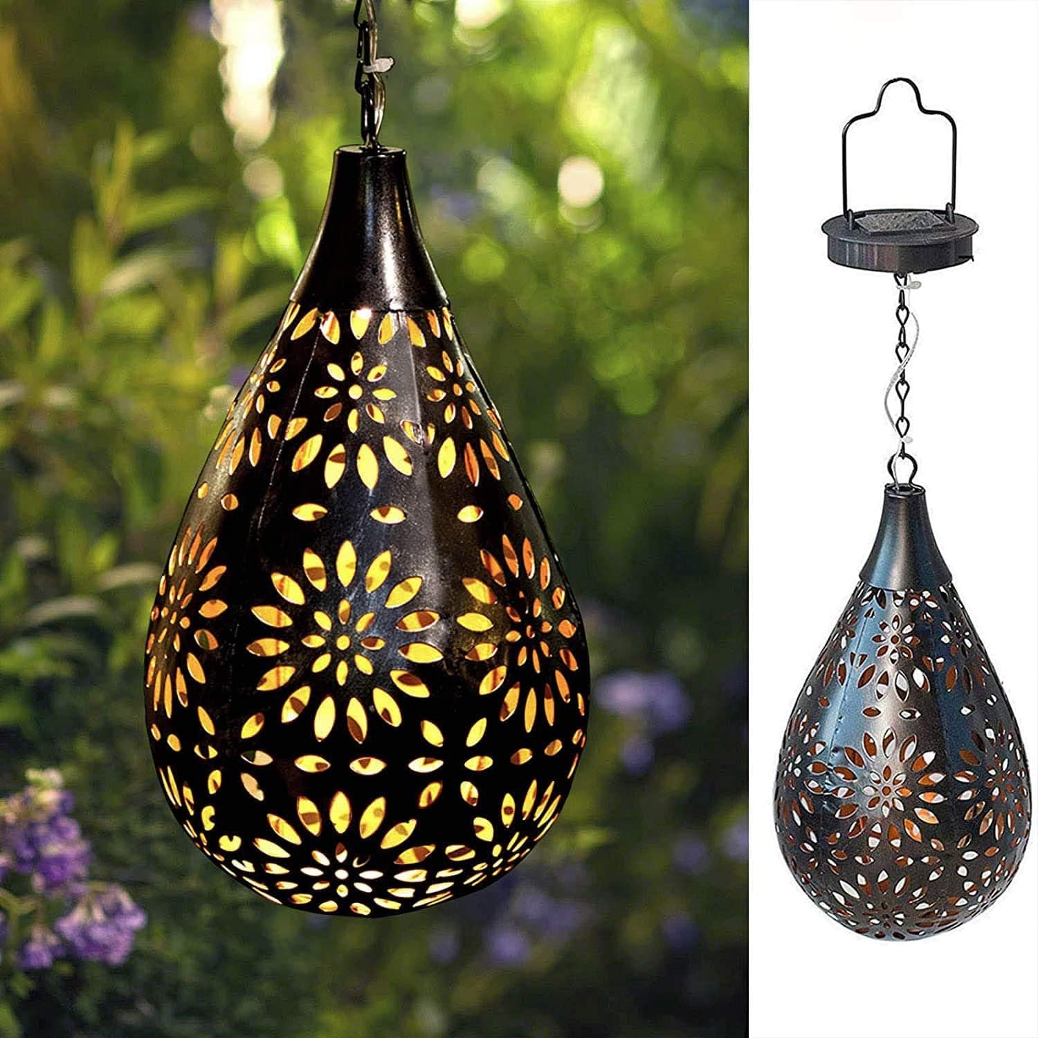 2pack Hanging Solar Lantern Garden Outdoor, Boho Decorative Metal Decor Flower Waterproof for Pathway Patio Yard