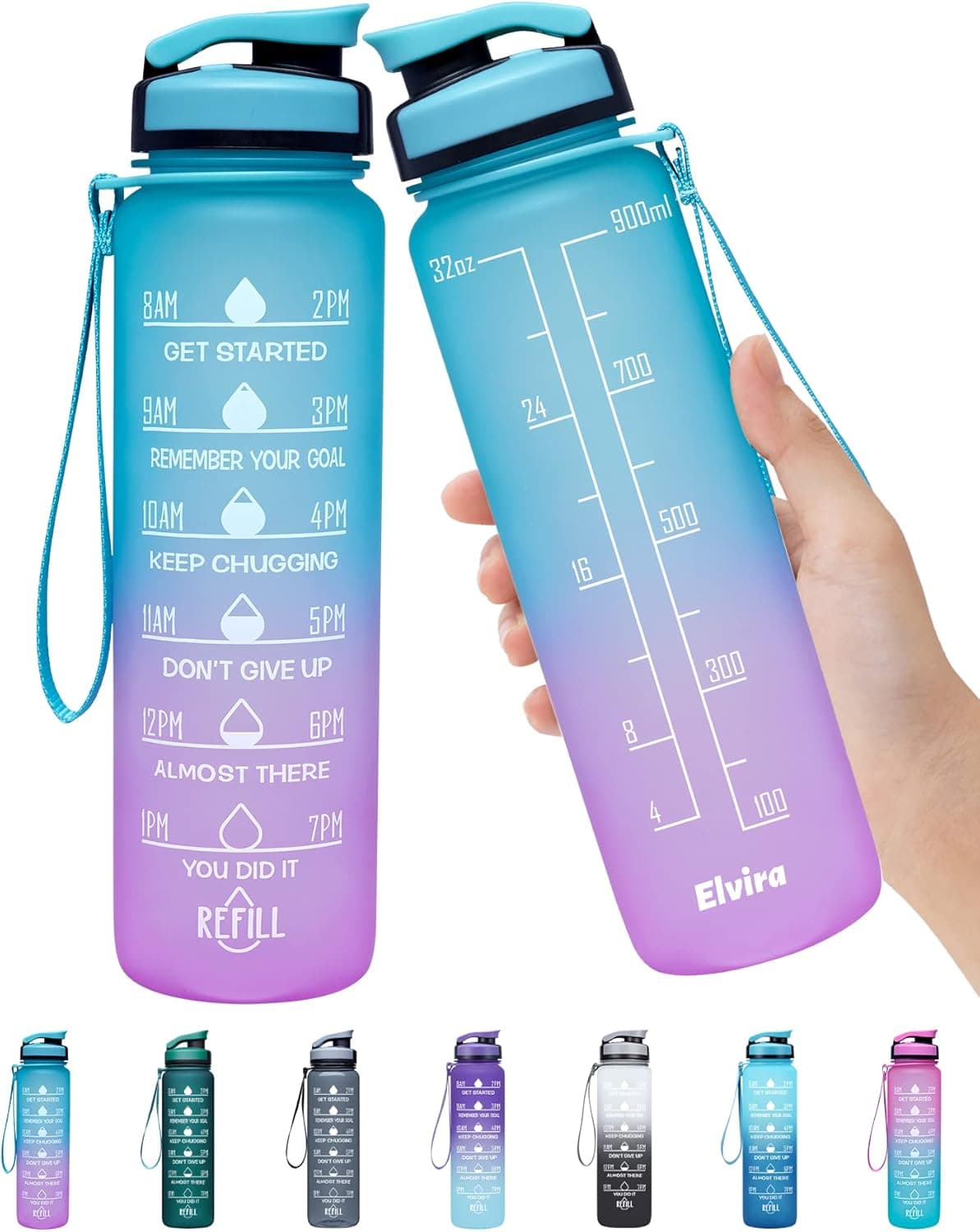 Elvira 32oz Large Water Bottle with Motivational Time Marker & Removable Strainer,Fast Flow BPA Free Non-Toxic for Fitness, Gym and Outdoor Sports
