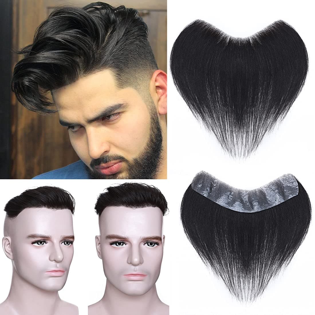 S-noilite Mens Hairline Toupee Hair Piece For Men V-Shape Topper Hairpiece PU Thin Skin System Virgin Human Hair #01 Jet Black Natural Hairline Replacement (Base Size:1.5"x7",Hair:6" Long)
