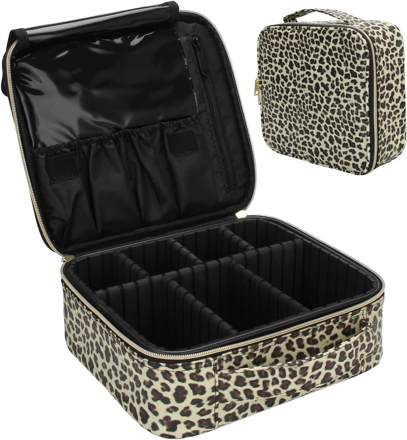 Relavel Travel Makeup Train Case Makeup Cosmetic Case Organizer Portable Artist Storage Bag with Adjustable Dividers for Cosmetics Makeup Brushes Toiletry Jewelry Digital Accessories (Leopard, Beige)