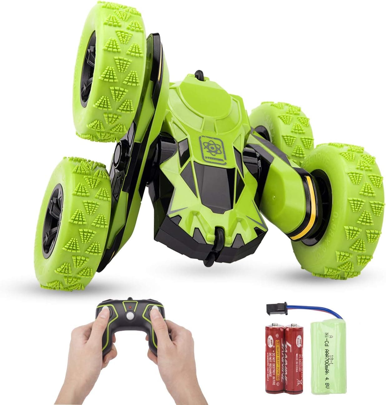 Sugoiti Remote Control Car, Green RC Stunt Car for Kids 4WD Off Road Rechargeable 2.4GHz Double Sided Rotating 360° Flips Vehicles Gift for Boys & Girls Christmas New Year