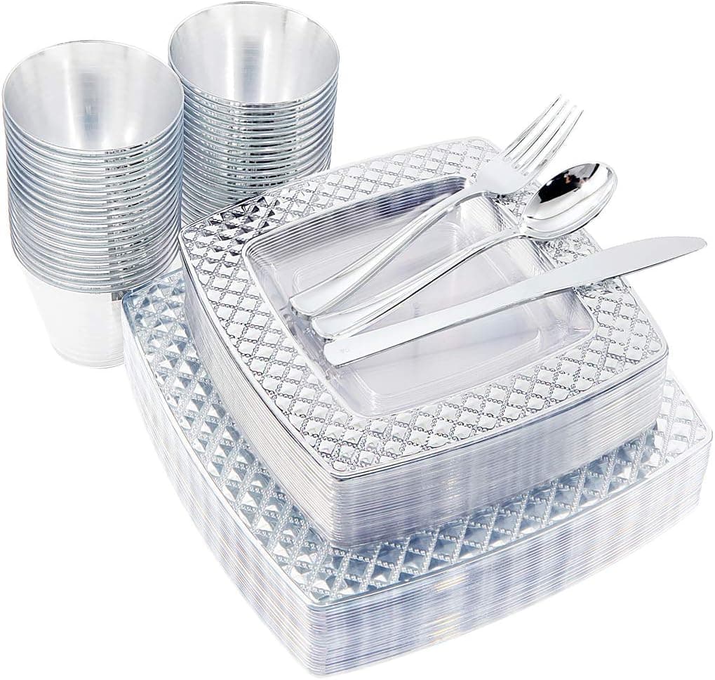 NERVURE 150PCS Clear with Silver Sqaure Plastic Plates & Silverware Set:25 Dinner Plates 10.25", 25 Dessert Plates 7.5", 25 Cups 9 Oz, 25 Forks, 25 Knives, 25 Spoons.