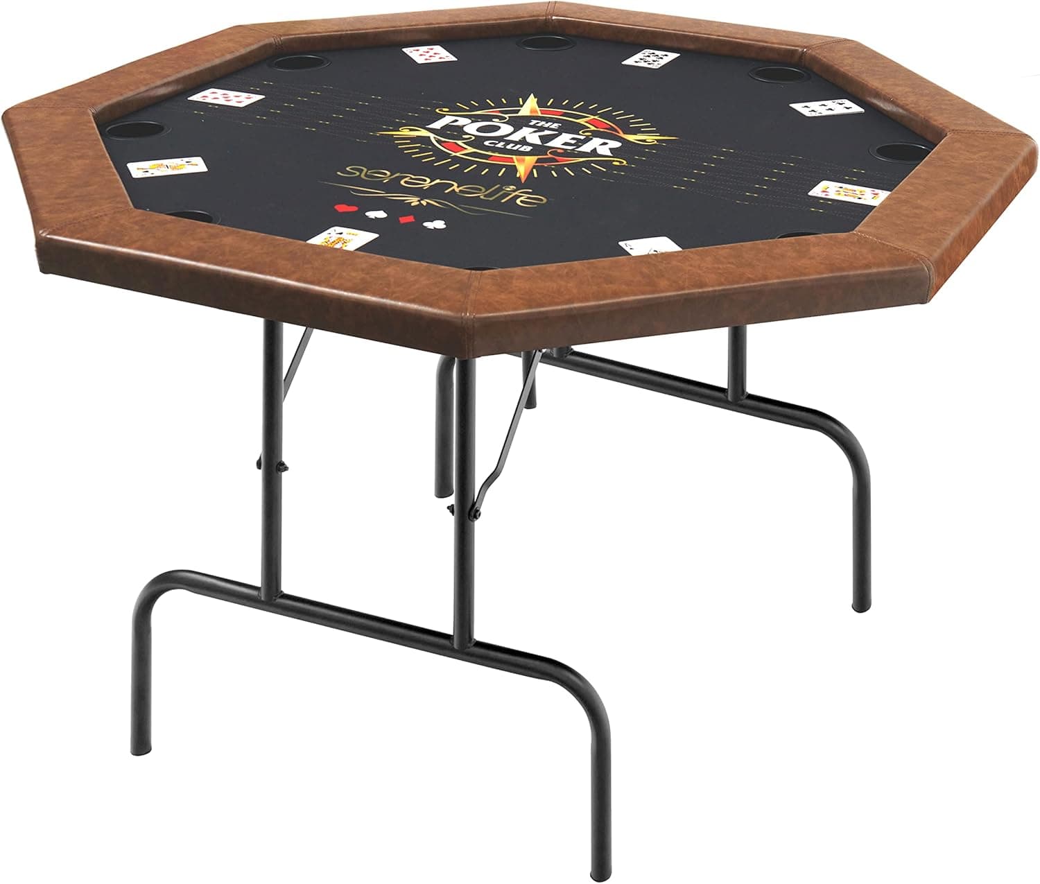 SereneLife 8 - Player Octagonal Foldable Poker Table, Casino Leisure Texas Holdem Table, w/Water Resistant Cushioned Rail, 8 Cup Holders, Brown Felt Surface, Black Jack Board & Family Games (Black)