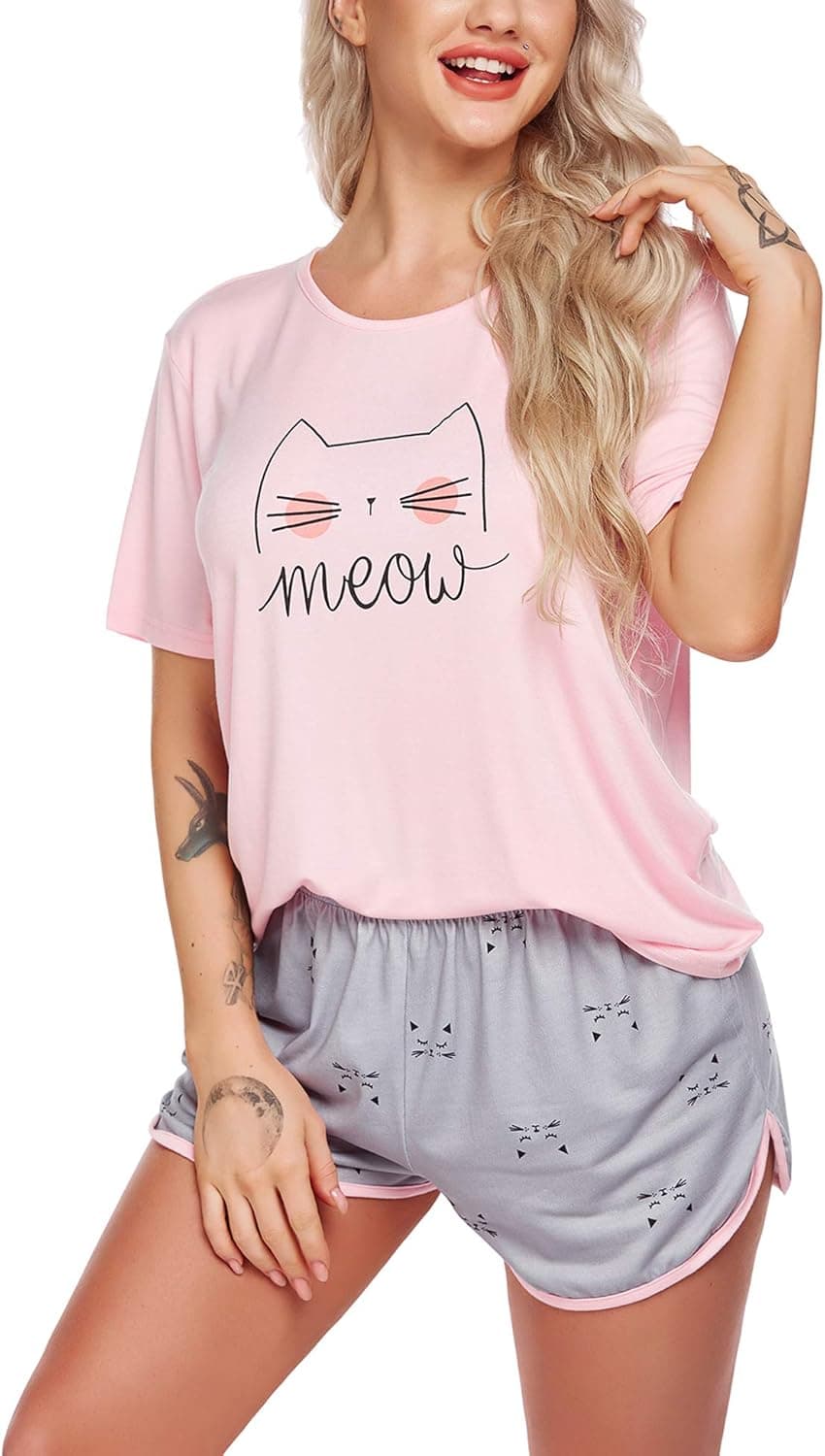 Ekouaer Pajamas Sets for Teen Girls Sleep Tee Set with Plaid Shorts O Neck Sleepwear Pjs