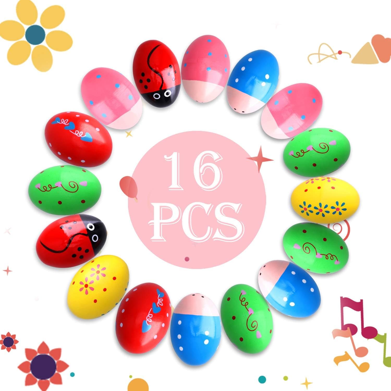 Riccioney 16pcs Wooden Egg Shakers Musical Instruments Wooden Percussion Egg Maracas Easter Eggs for Party Favor Supplies Classroom Prize Supplies