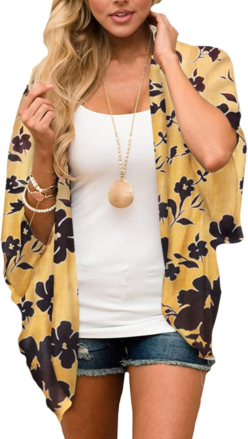 Chunoy Women Casual Short Sleeve Floral Print Lightweight Chiffon Kimono Cardigan Loose Beach Cover Up Blouse Top