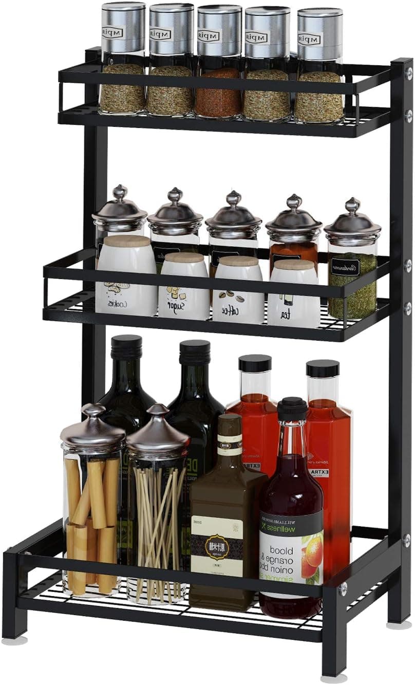 Apsan 3 Tier Spice Rack Organizer for Cabinet, Bathroom Kitchen Countertop Organizer and Storage for Pantry, Cabinet - Seasoning Standing Shelf Holder Black