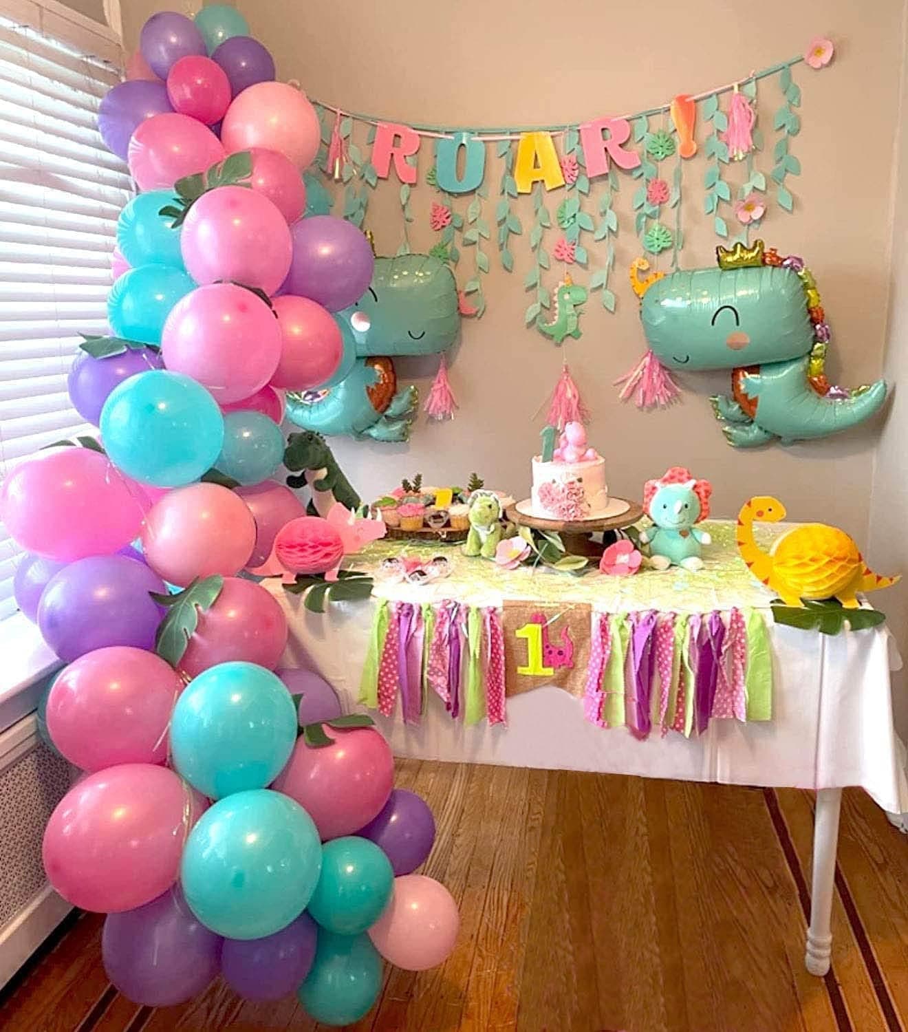 Girls Dinosaur Party Decorations Balloons Garland Kit with Foil Dinosaur Balloon 16 Ft 102Pcs Hot Pink Tiffany Purple Pink Balloons for Kids Birthday Baby Shower Decorations