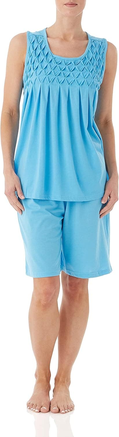 AmeriMark Women's Sleeveless Pajama Set Elastic Waist Shorts & Smocked PJ Top