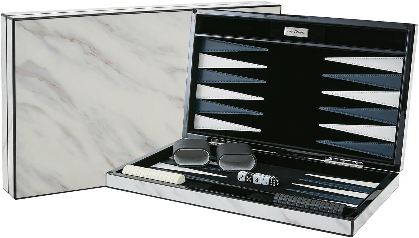 18” Luxury Backgammon Set in Marble Lacquer with Velvet Inlay, by Vive Designs – Includes Custom Board, Cups, Checkers, Dice, Doubling Cube, Instructions