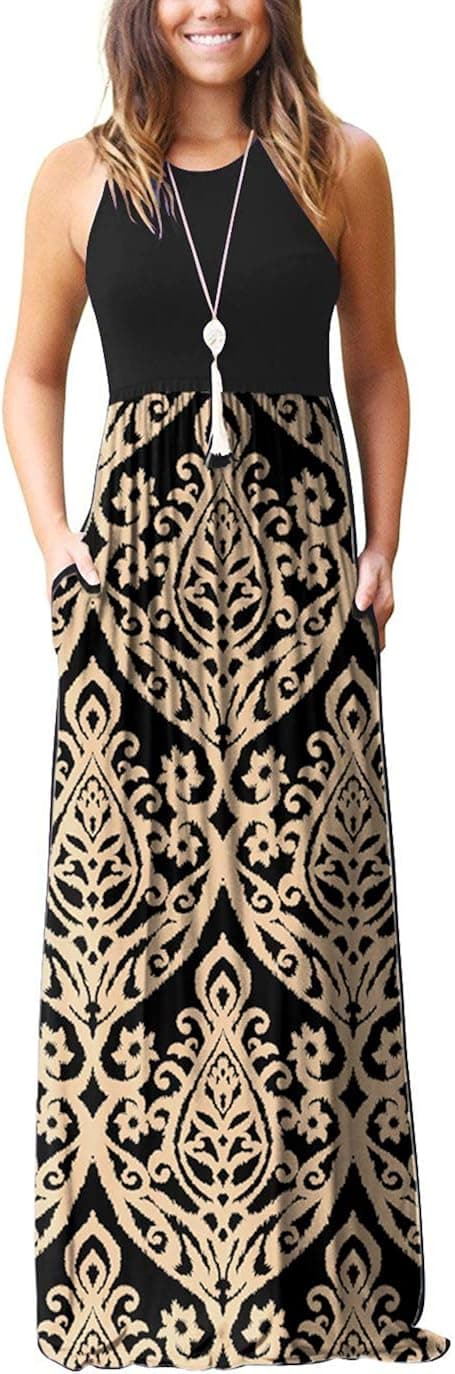GRECERELLE Women's Sleeveless Racerback Maxi Dress Floral Print Casual Long Dresses with Pockets