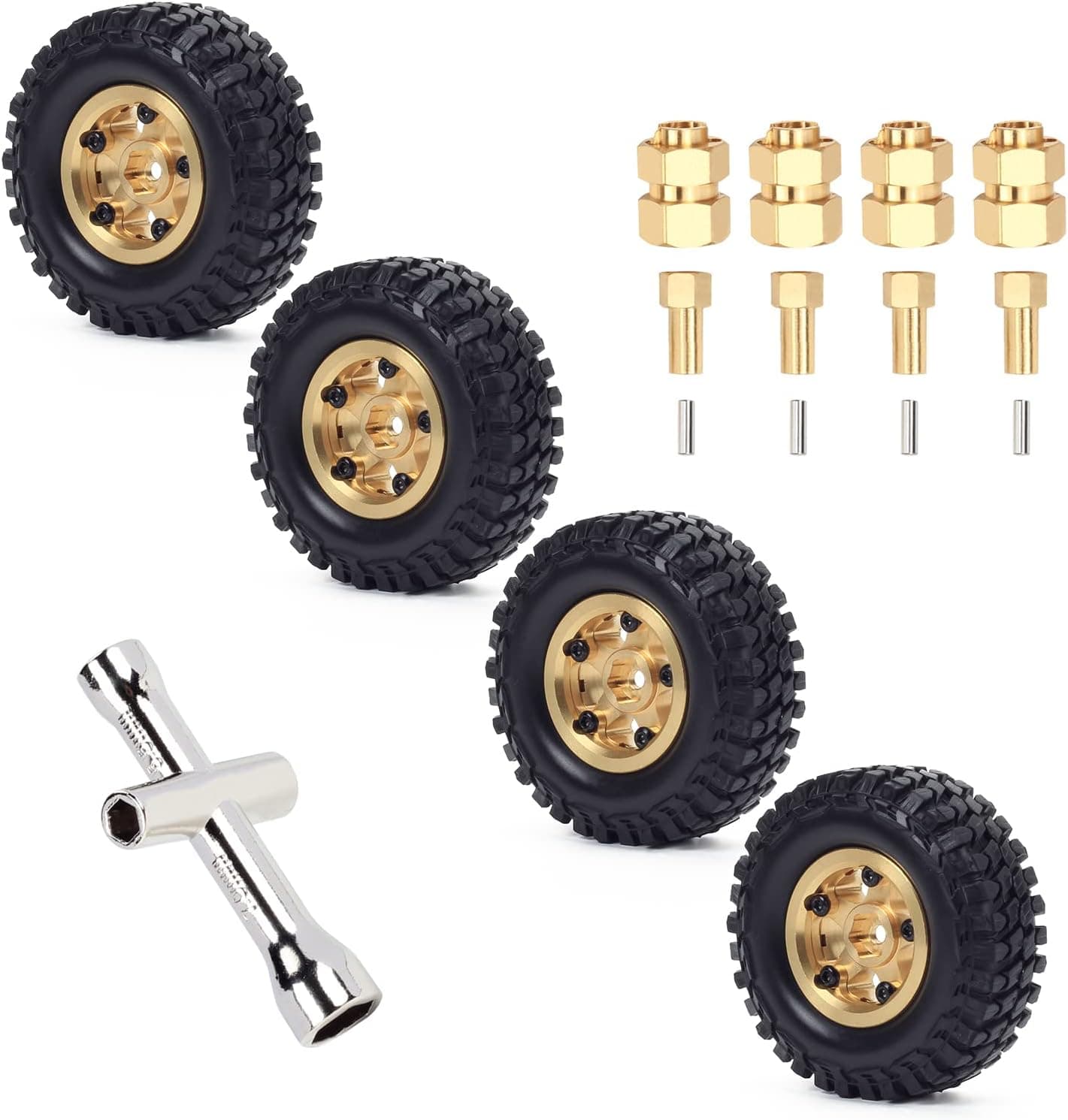 RCAWD Chromed Brass Wheel and Tire Glue Free Weights for Axial 1/24 SCX24 Upgrades Crawlers, 62G 1.0 inch RC Wheel & Tires Set, Parts for AXI90081 AXI00001 AXI00002 AXI00005 AXI00006 Yellow