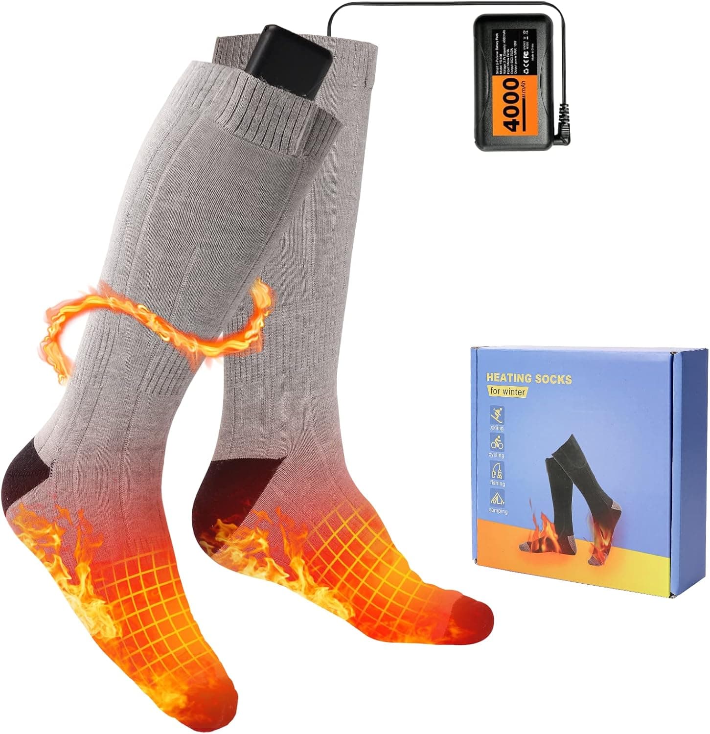 Heated Socks for Men Women Washable Electric Socks with Rechargeable 3.7V 4000mAH Batteries 3 Heat Settings Winter Thermal Cotton Foot Warmer