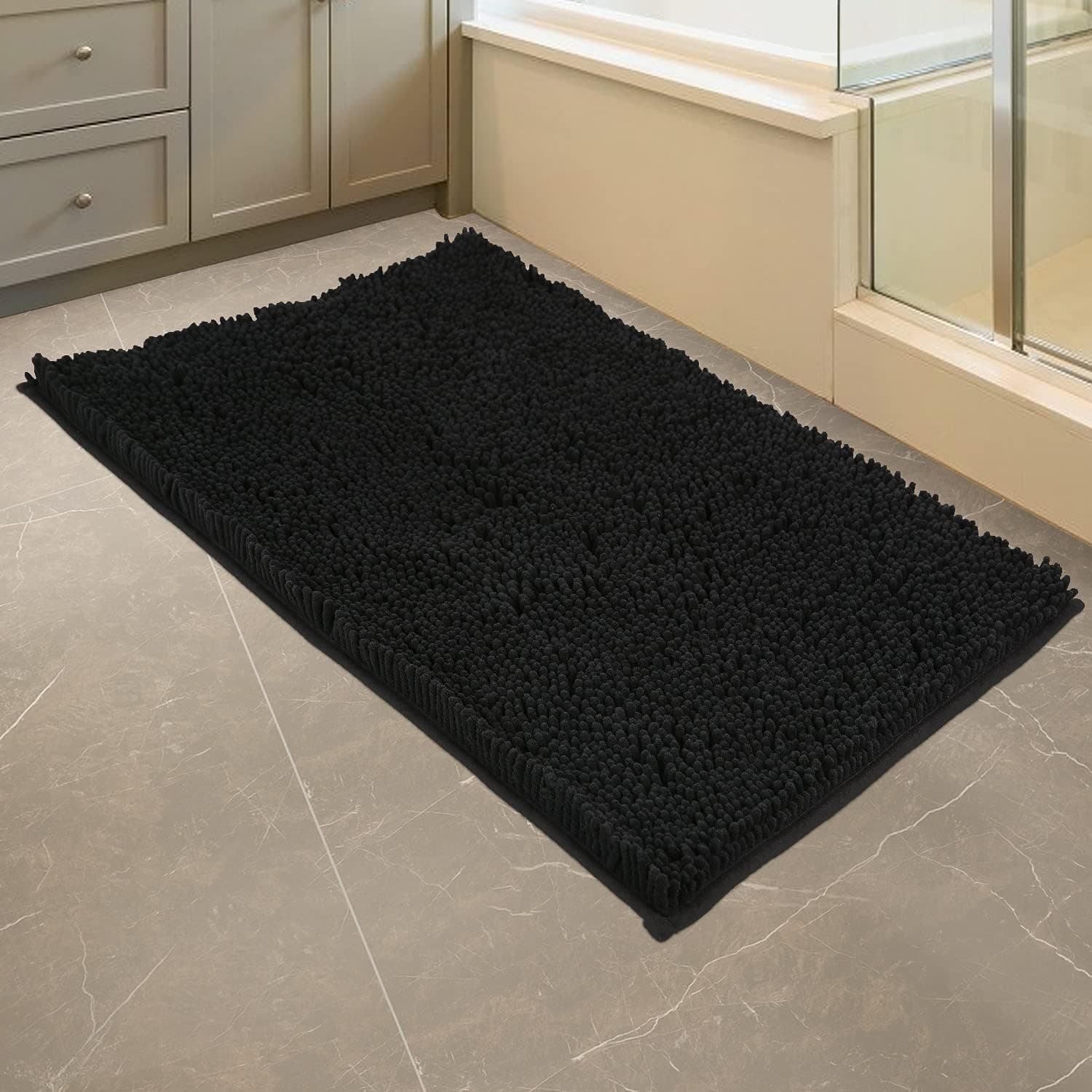 Bathroom Rugs, Luxury Chenille Bath Mat, Extra Soft and Absorbent Bath Rugs, Bath Mats for Bathroom Non Slip, Machine Washable, Thick Plush Carpet for Indoor and Bathroom Floor, 32"x20" Black