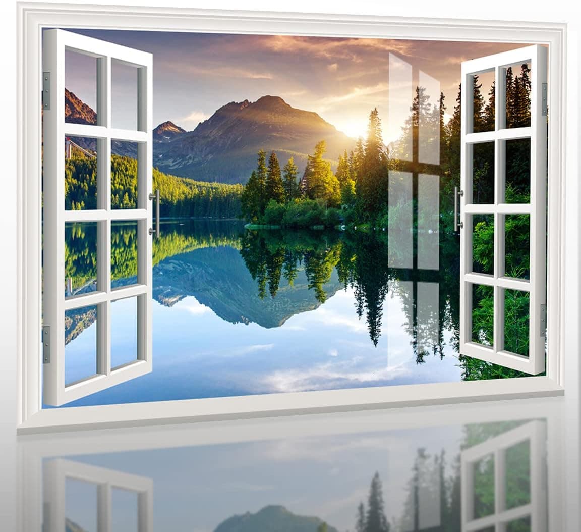 SIJIFACAI 3D Fake Windows/Waterproof Wall Sticker/Self Adhesive Wall Murals/3D Murals - Lake Light, Creative Window View Wall Decoration - 35"x24"