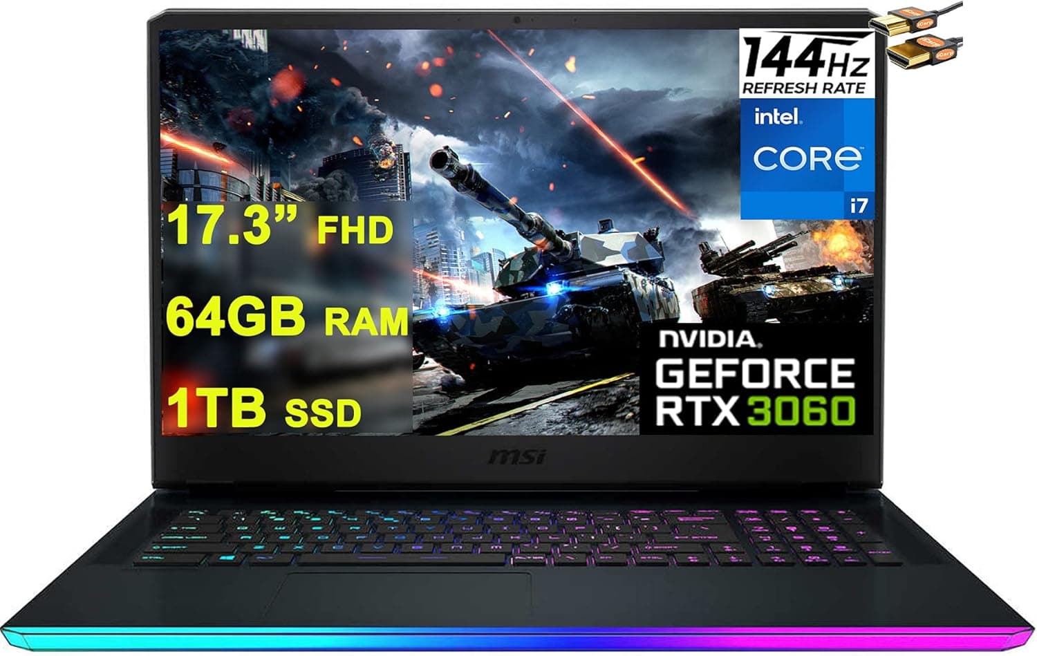 MSI GE76 Raider Gaming Laptop 17.3” FHD IPS 144Hz 11th Gen Intel 8-Core i7-11800H 64GB RAM 1TB SSD GeForce RTX 3060 6GB Backlit Thunderbolt USB-C MiniDP 2.5Gb Ethernet Win10 + HDMI Cable