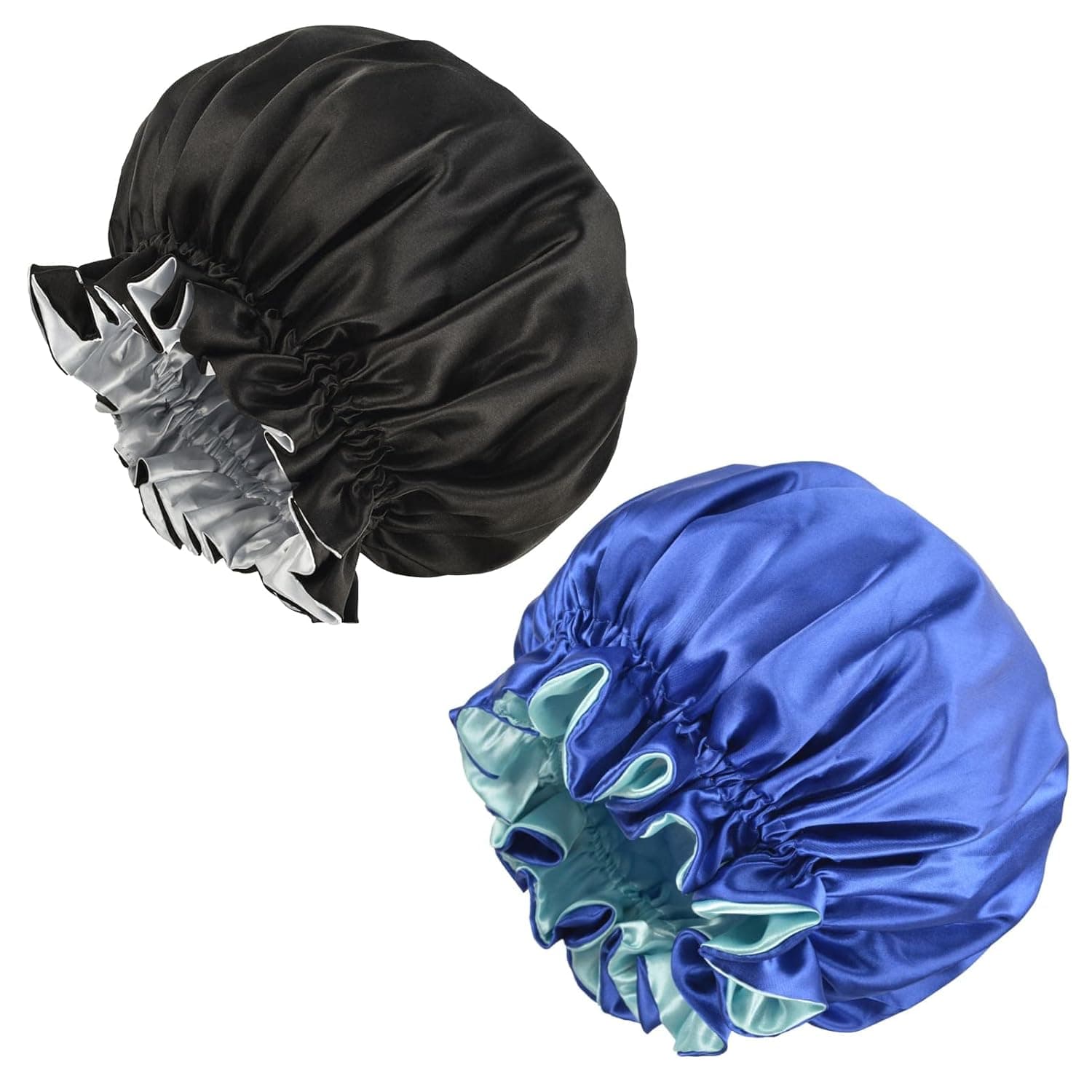 Luvruitaky Silk Bonnet for Sleeping 2 PCS Large Satin Bonnets for Black Women Double Layer Silk Soft Bonnet for Curly Braid Hair (Black + Blue)