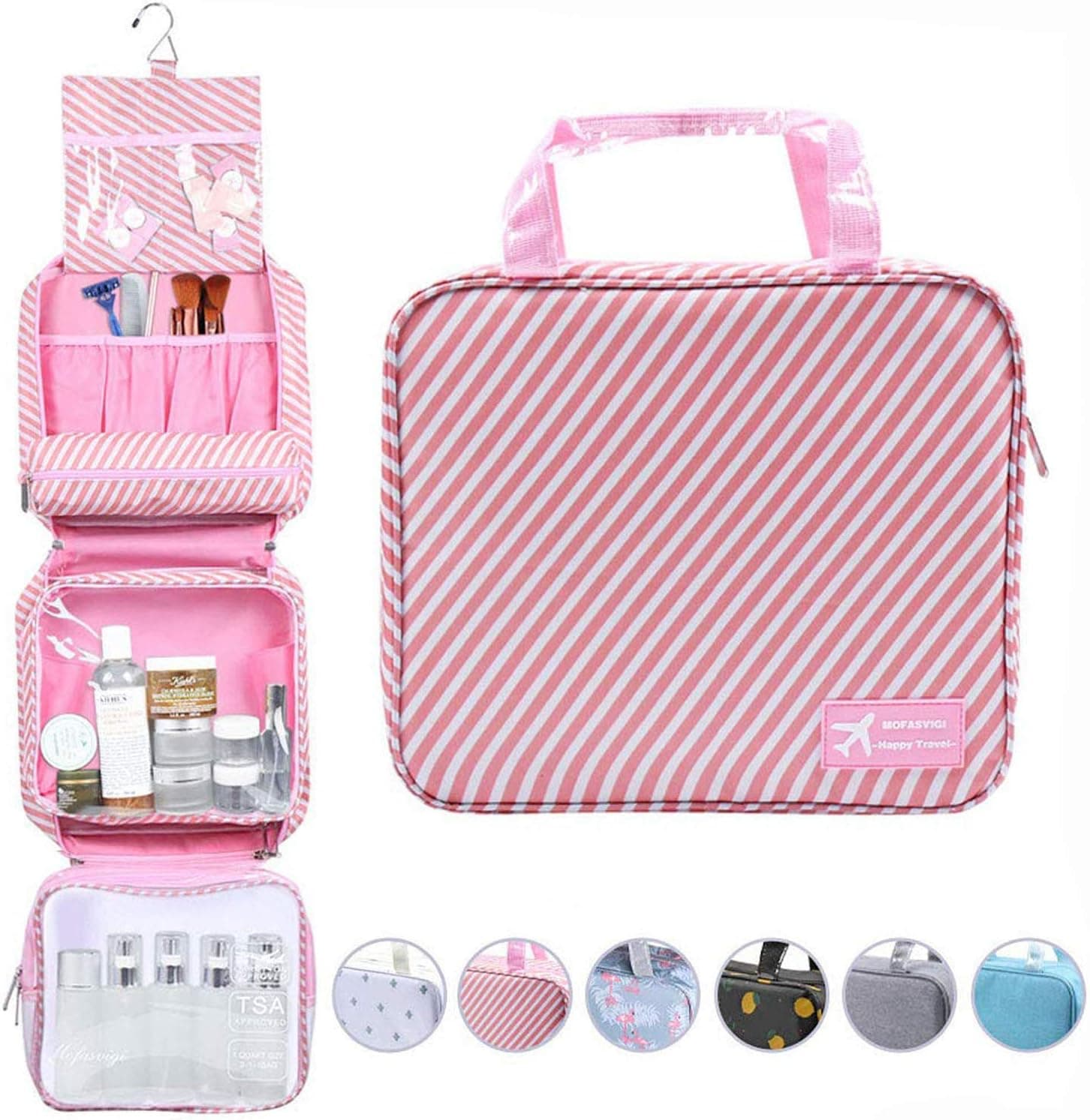 Hanging Travel Toiletry Bag Waterproof Makeup Organizer Large Capacity Portable Travel Storage Pouch Cosmetic Handbag with Sturdy Hook/Detachable Clear Bag/Luggage Strap (Striped Pink)