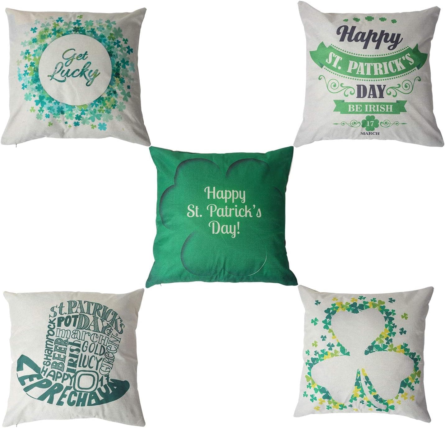 FOBU 5 Pack St. Patrick's Day Pillow Case Cover Irish Shamrock Cushion Cover Zippered Throw Pillowcase Protector 18inch (Green White)