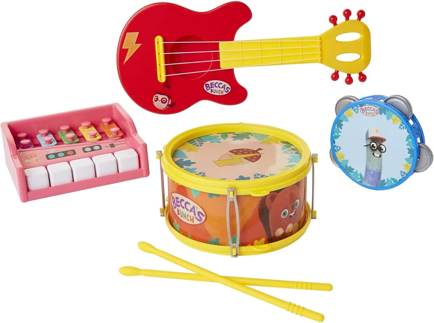 Becca's Bunch Owl Pretend Play Instruments Set – Baby Preschool Guitar, Keyboard, Tambourine, Drum & Drumsticks