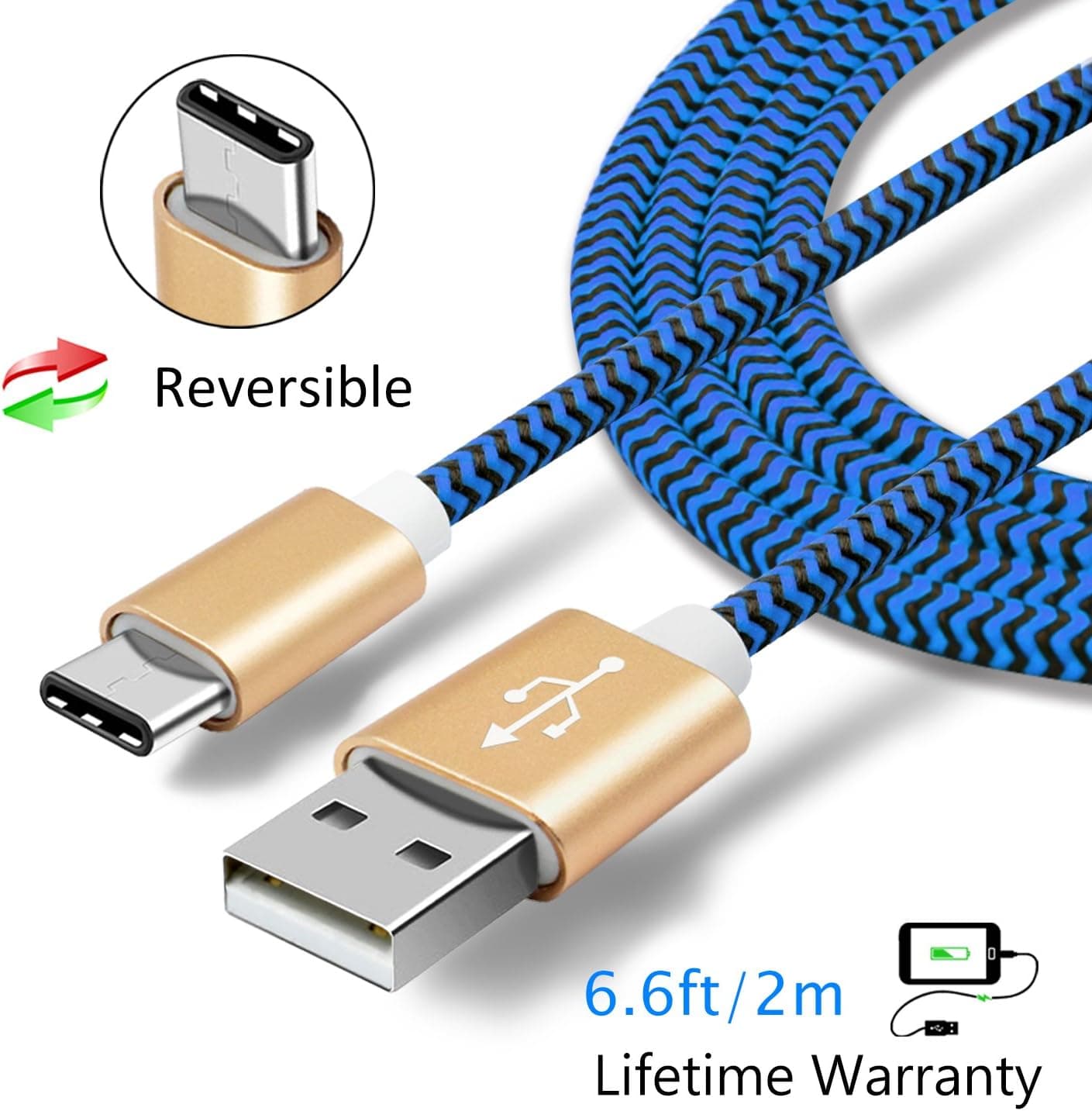 Magic-T USB Type C Cable USB 2.0 A Male 6.6ft Braided Charging Cord with Reversible Connector for Macbook, Apple TV 4, Venue 8 Pro/10 Pro, Microsoft Lumia 950/950 XL and More (Blue)