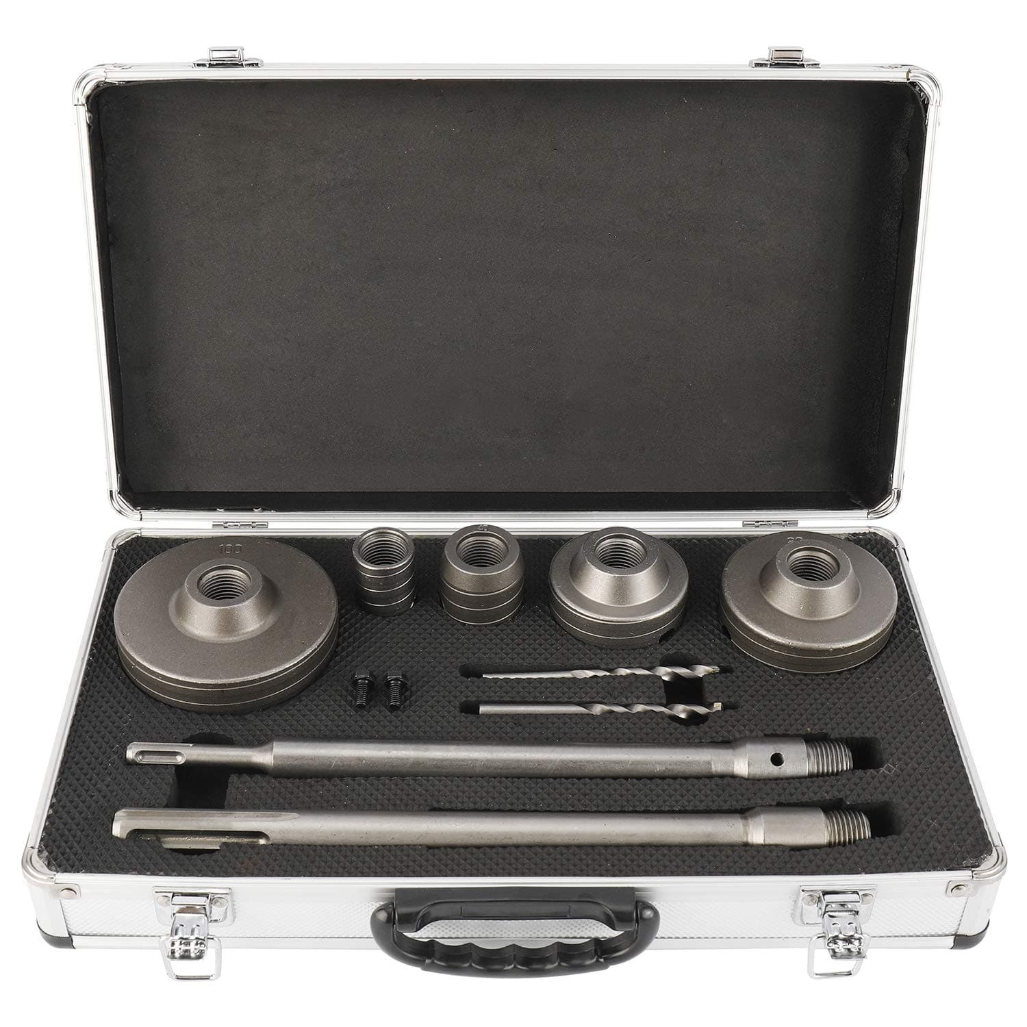 9Pcs Masonry Hole Saw Set 30mm 40mm 65mm 80mm 100mm Concrete Hole Saw Cutter 300mm SDS Plus Shank Rod SDS MAX Shank Connecting Rod for Brick Cement Stone with Aluminium Case