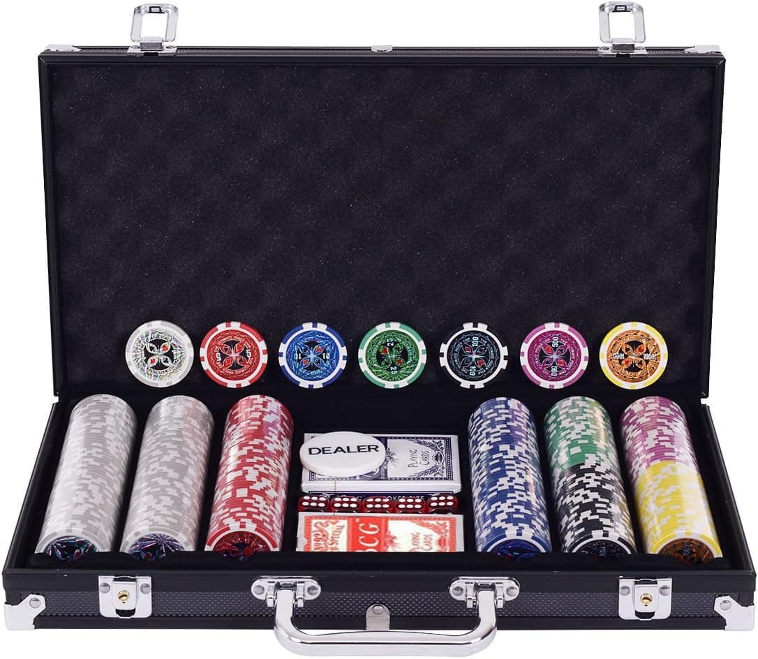 Costzon Set of 300 Poker Chip with Aluminum Case, 5 Dice Chips, 2 Decks of Playing Cards, Dealer Button (Black Case)