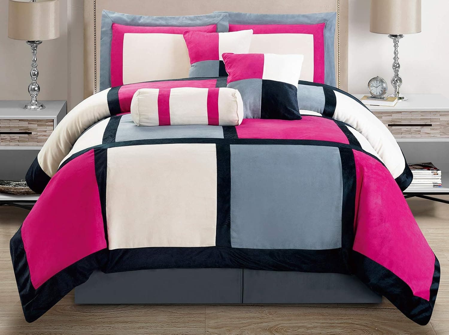 Masterplay 7 Piece Queen Size Pink, Grey Color Bedding (94"X 92") Comforter Set Micro Suede Bed in A Bag Patchwork Bedding