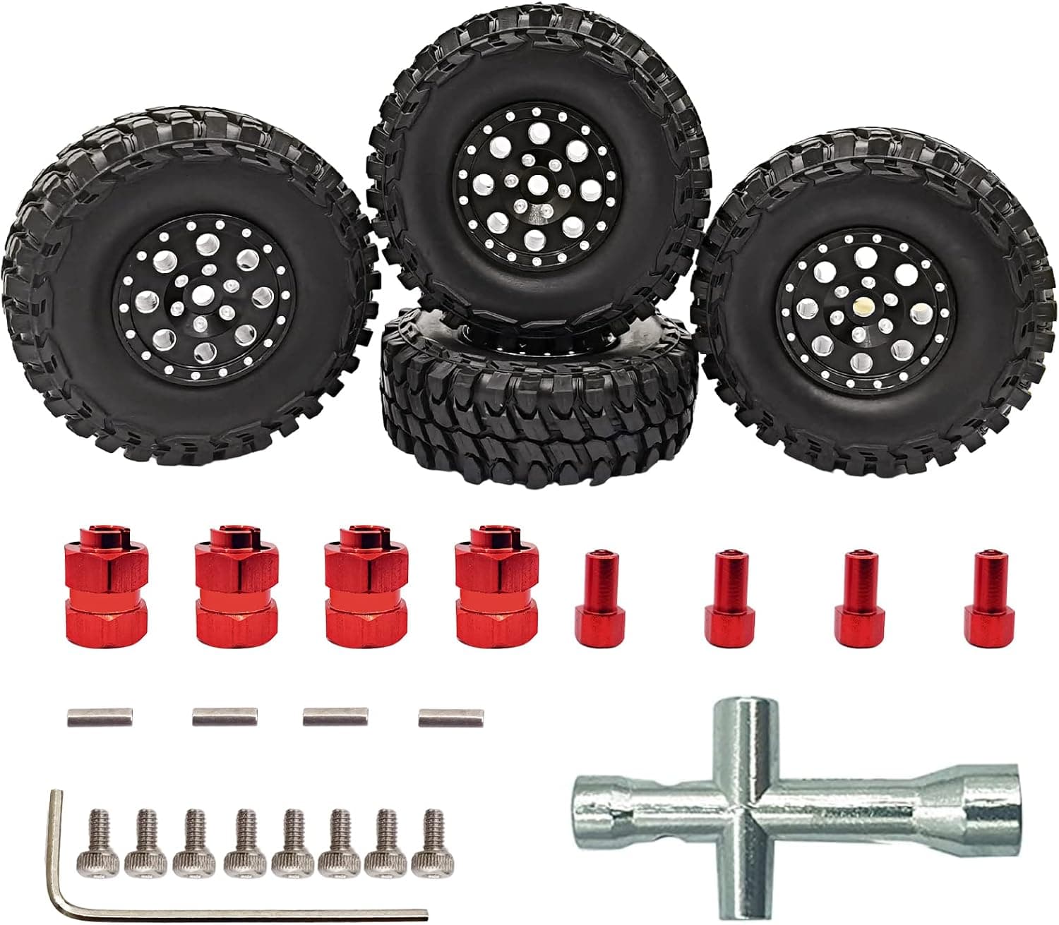 HOPLEX Beadlock Wheels and Tires 4Pcs Metal Micro Crawler Tires with Red 7mm RC Wheel Hex Hub Spacer for Axial SCX24 90081 1/24 RC Crawler Car Upgrade Parts Accessories