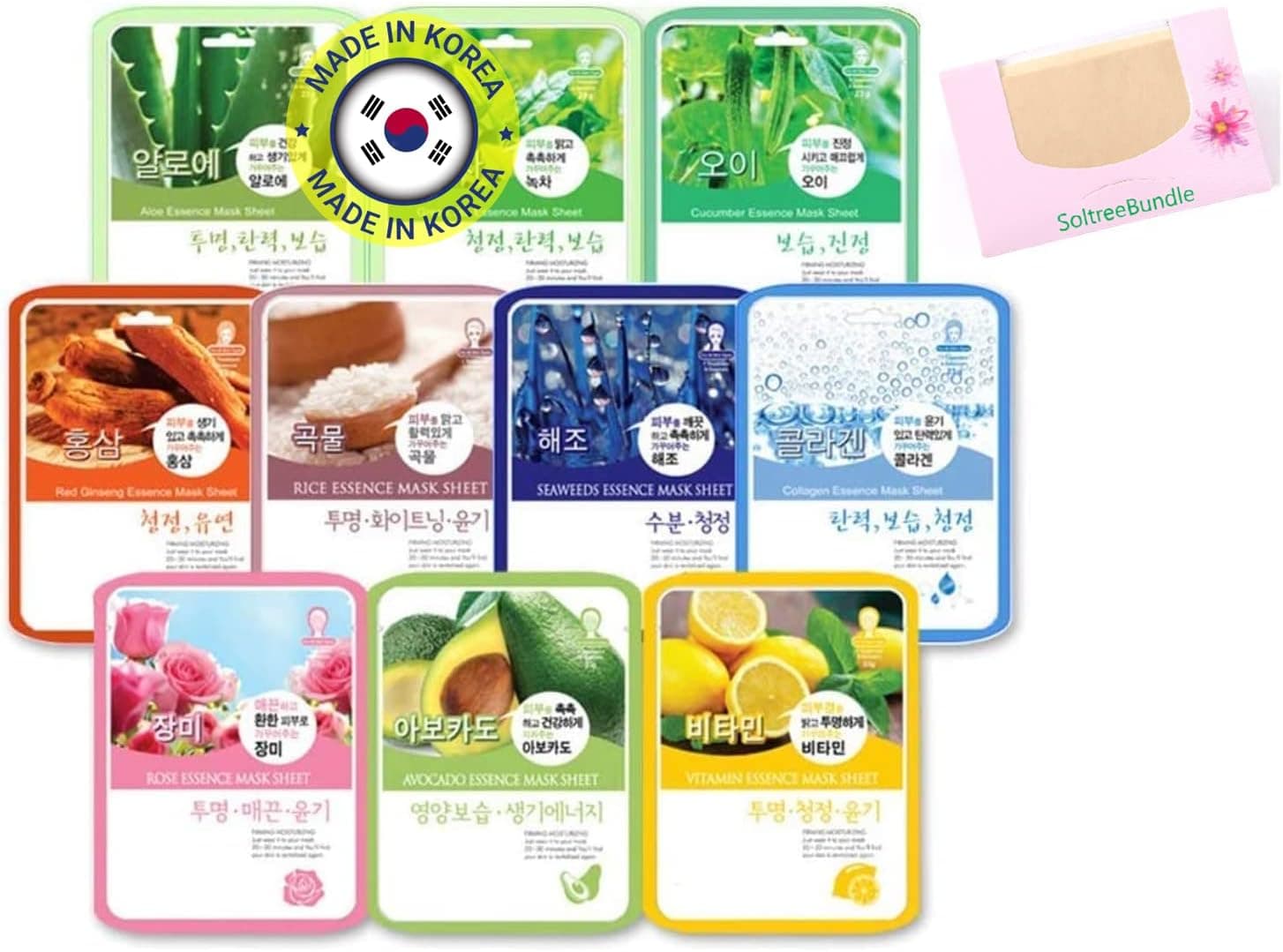 SoltreeBundle 10pcs Korean Beauty Best Face Essence Daily Mask Sheets Pack, Anti-Aging Collagen Boosting, Facial Skin Care K-Beauty Skin Soft (10 Kinds of mask Packs)