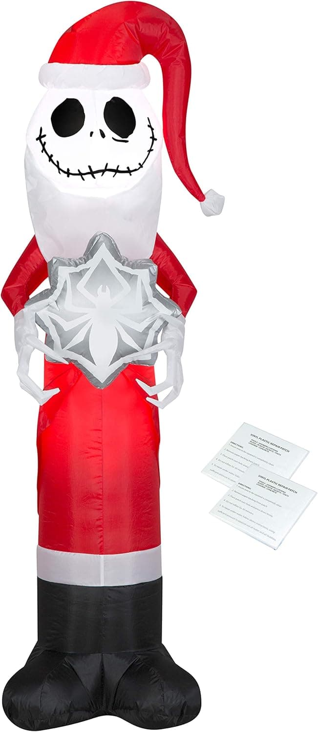 Holiday Inflatable 5ft Jack Skellington Santa Nightmare Before Christmas - Includes Repair Patches, Self-Inflates and Lights up - Inflatable Yard Decorations