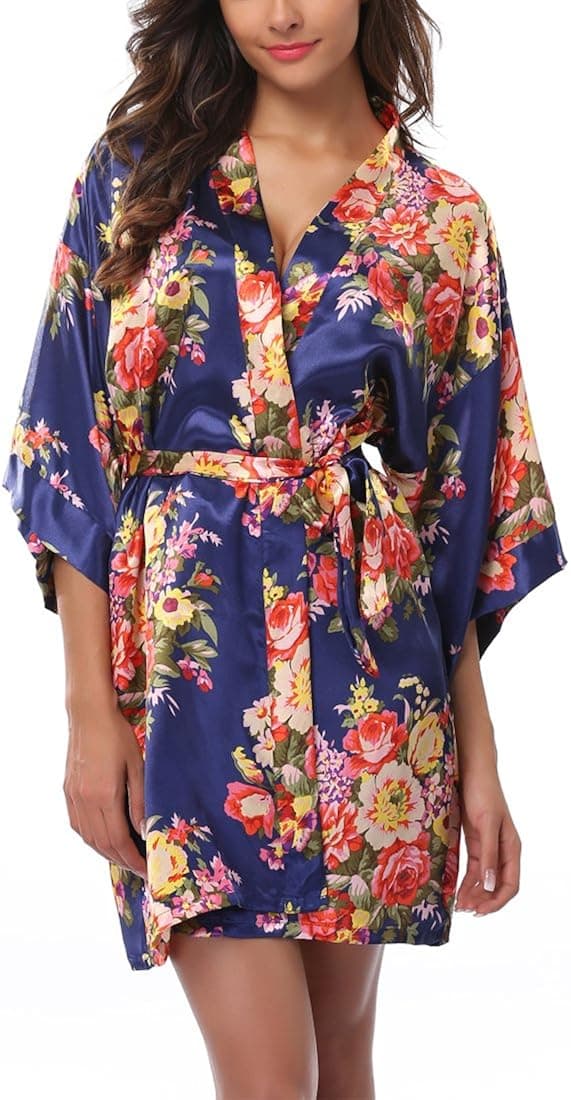 1stmall Women's Floral Robes Satin Short Bridesmaid Bridal Silk Kimono Wedding Party Sleepwear