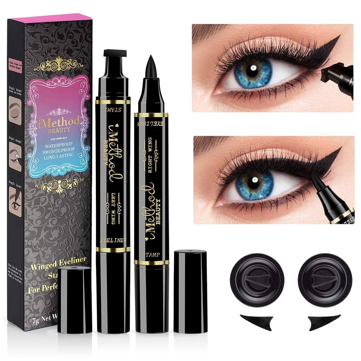 iMethod Winged Eyeliner Stamp - 2 Pieces Left & Right Double Sided Liquid Wing Eyeliner Stamp, Waterproof, Smudge-proof and Sweat-proof, the Easiest Way to Get Perfect Cat Eye Look