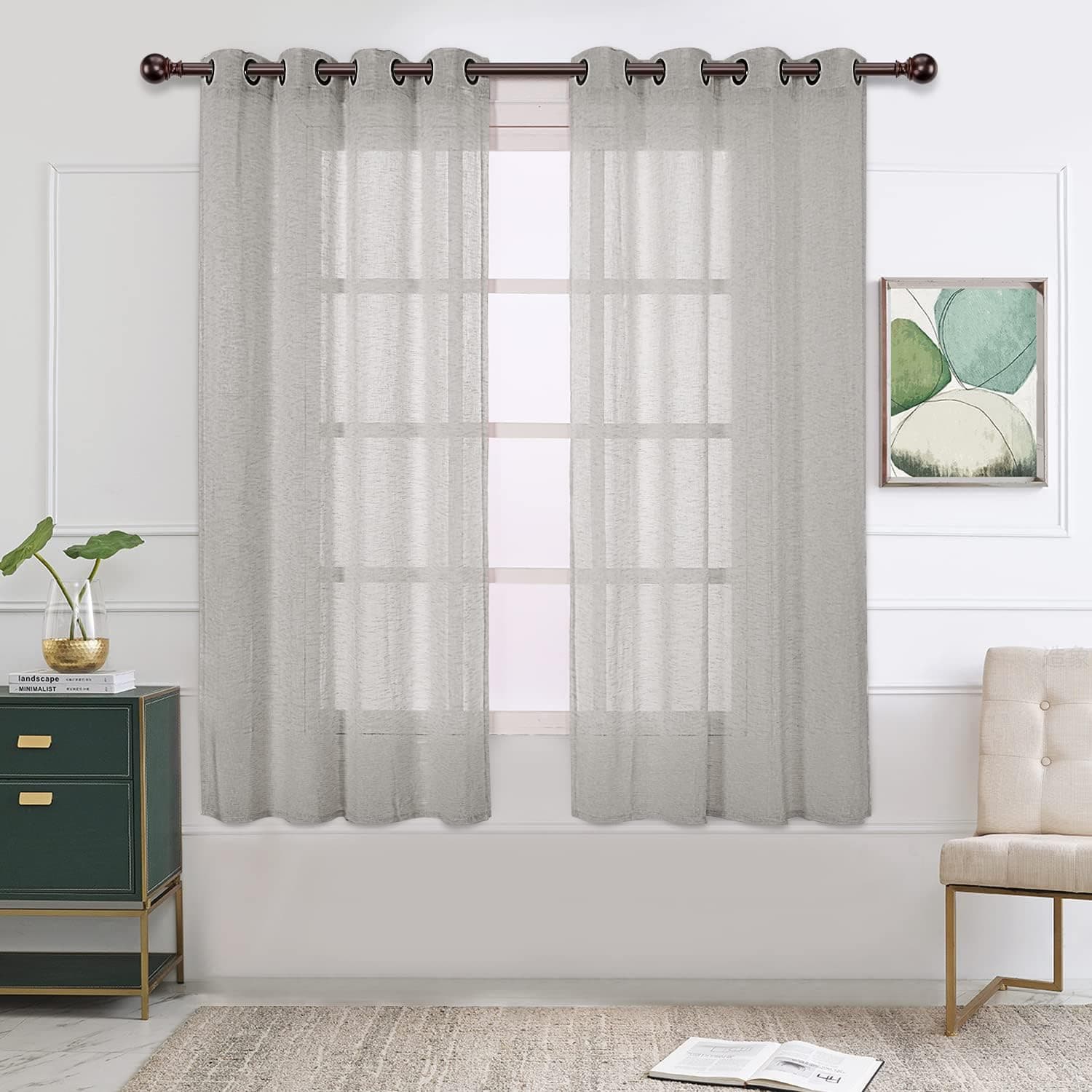 BONZER Burlap Linen Sheer Curtains for Living Room - Grommet Top Sheer Drapes 63 inches Length Light Filtering Voile Window Curtain for Bedroom, Set of 2 Panels (54 x 63 Inch, Taupe)