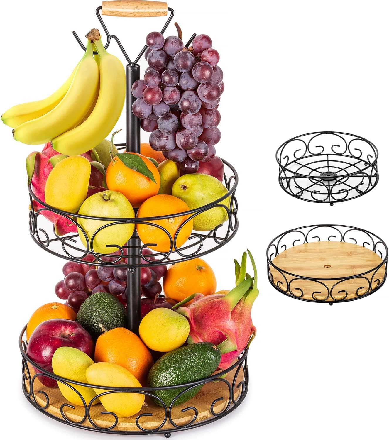 ETECHMART Fruit Basket, Vegetables Countertop Bowl Storage With Banana Hanger, Detachable Bread, Snacks Baskets Holder Large Capacity Fruit Tray (Bamboo&Iron - 2 Tier)