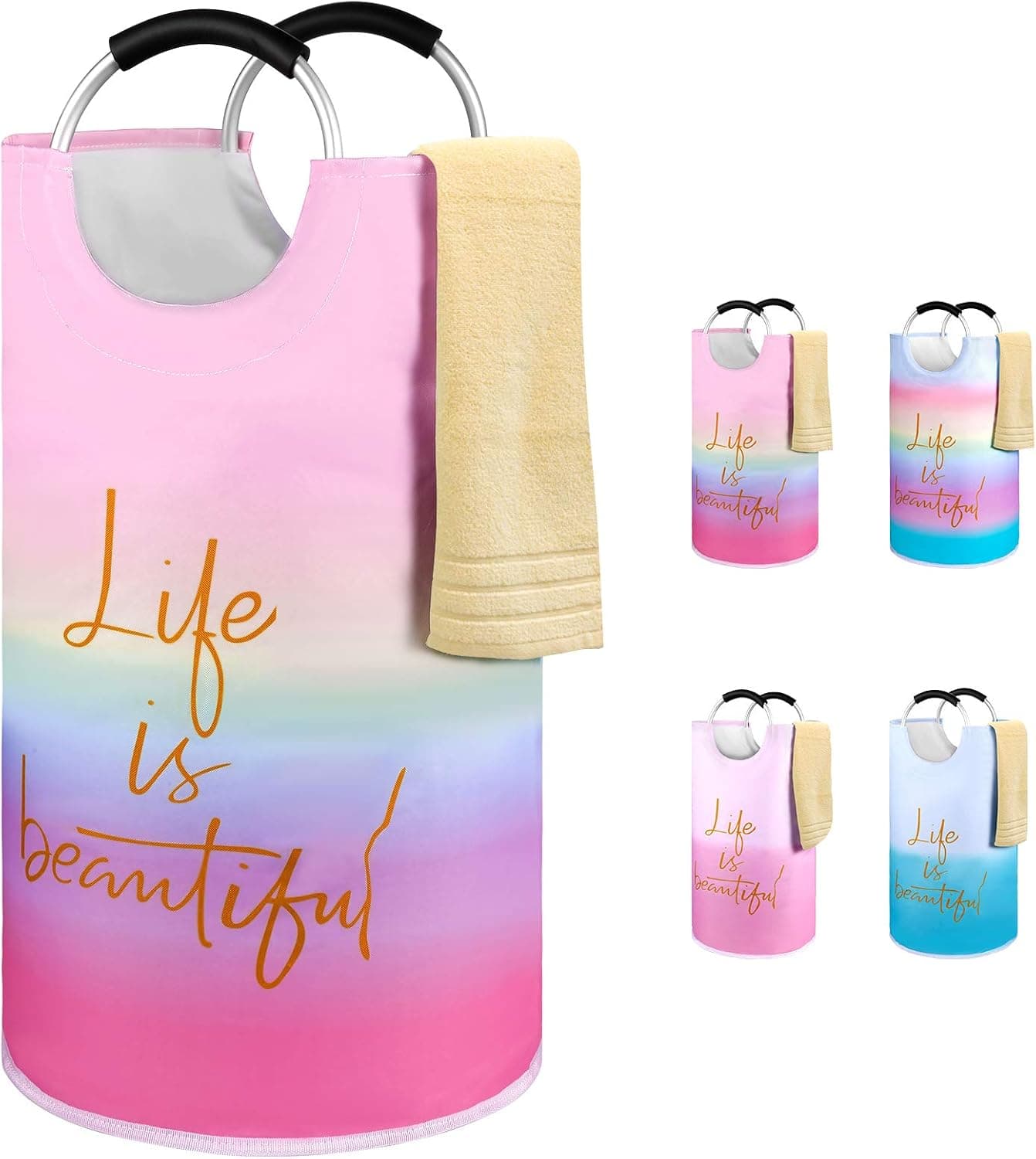 Erimaki 130L XL Foldable Laundry Basket With Handle, Waterproof Extra Large Collapsible Laundry Hamper, Freestanding Big Tall Baskets For Kids Girls Women Clothes In Bedroom Bathroom, Rainbow Pink