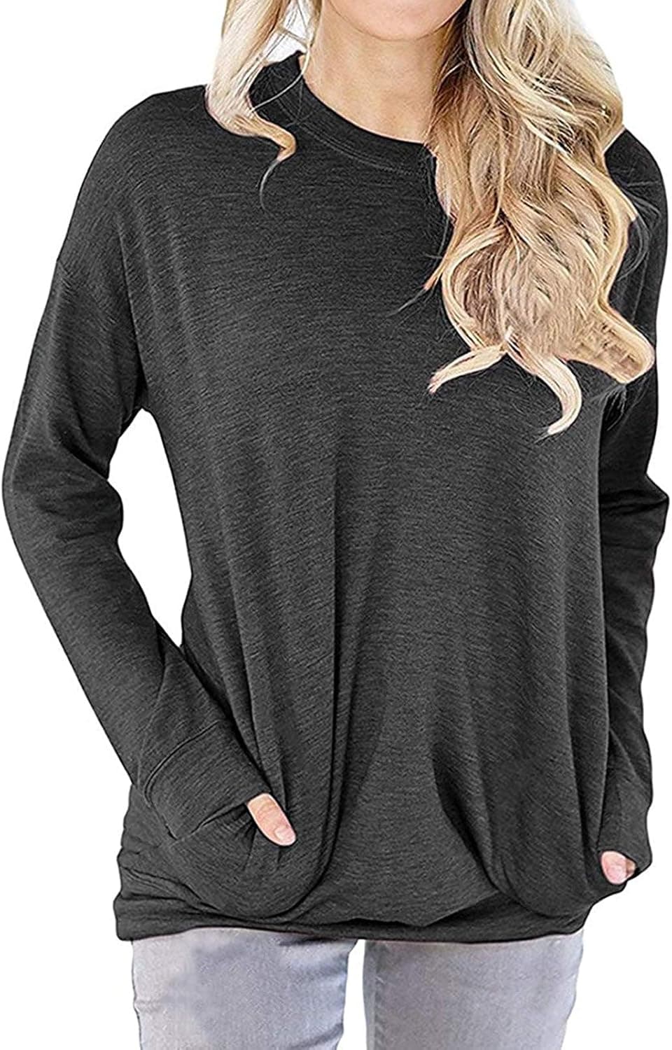 LYXIOF Women Round Neck Long Sleeve Sweatshirt Pocket Pullover Loose Shirts Tunic Tops Black 2XL