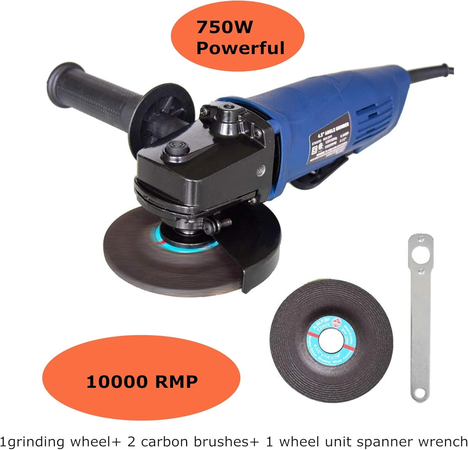4-1/2 Inch Angle Grinder, 6.0-Amp Heavy Duty Paddle Switch with 1 Abrasive Wheels, Side Handle, Safety Guard & Spanner for Disc Attachment, for Removing Paint & Mortar, Sanding, Cutting, Grinding