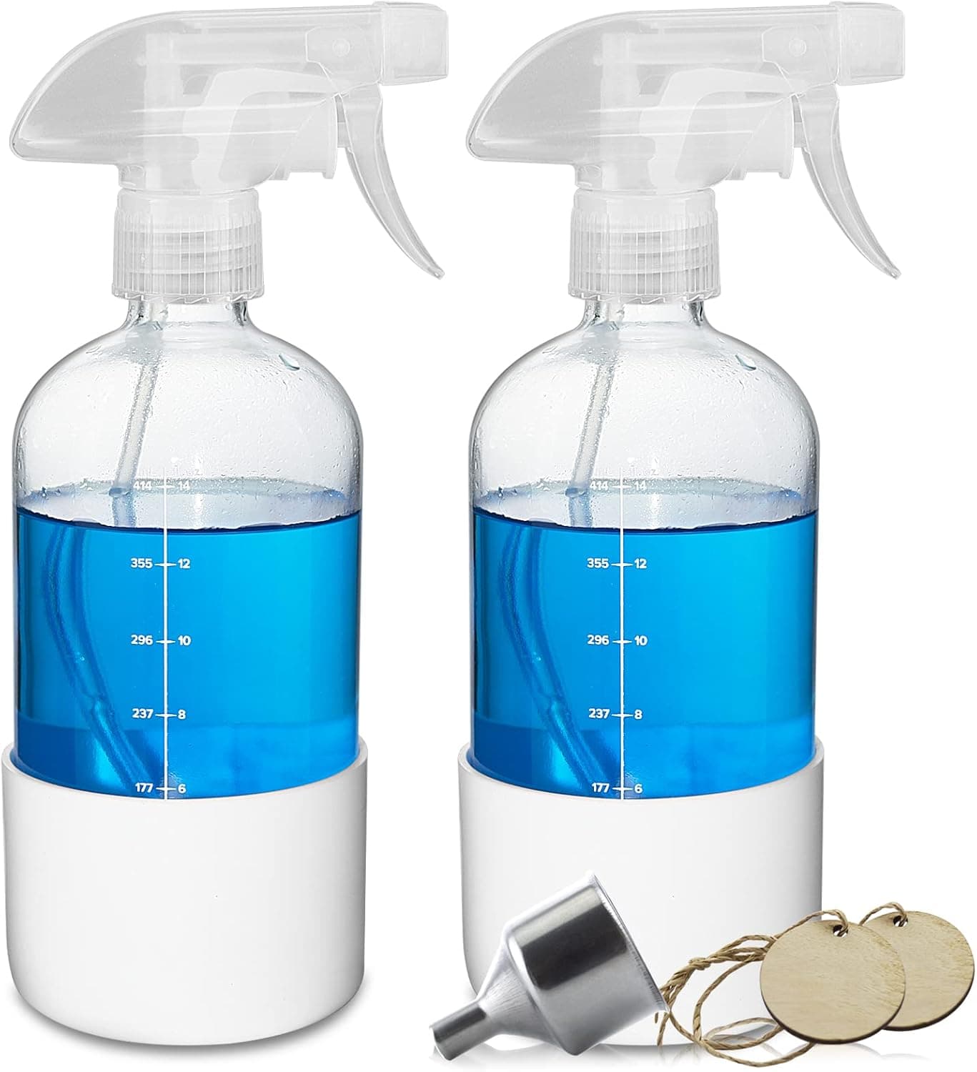 Roetell Clear Glass Spray Bottles with Silicone Sleeve, 16oz 2 Pack Refillable Sprays Container with Mist and Water Flow Settings, Cleaning Spray Bottles (White