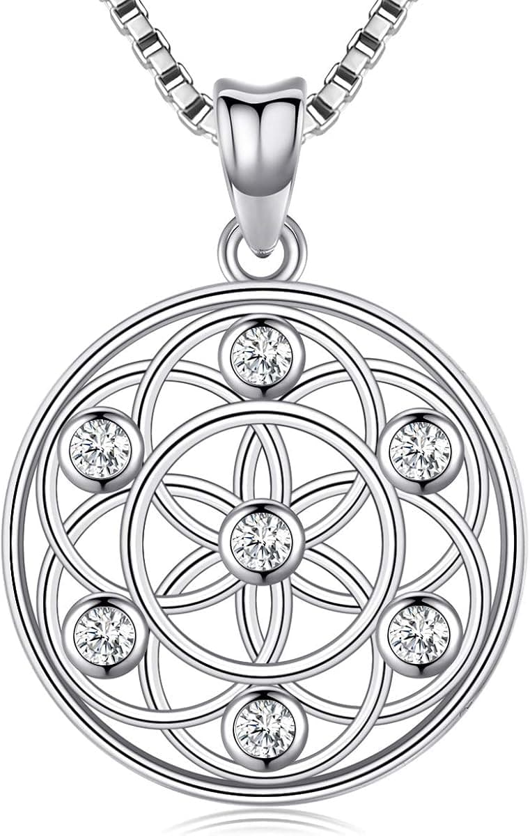 Friggem Flower of Life Pendant Necklace for Women, 925 Sterling Silver Seed of Life Necklace, Sacred Geometry Charm Pendant with Zircon, Yoga Necklace Jewelry with Chain, Comes with Gift Box