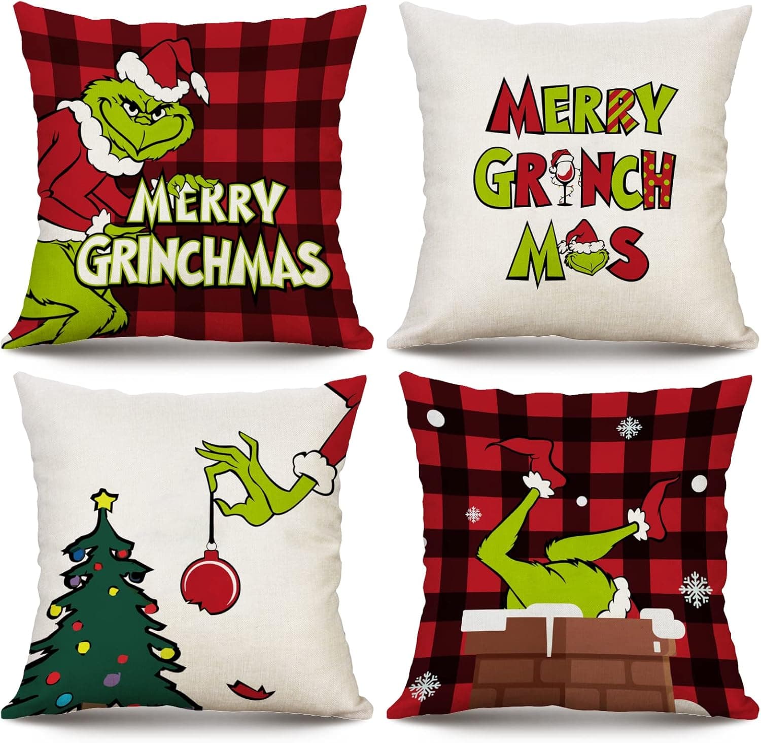 Jyumini Christmas Pillow Covers 18x18 inch Set of 4 for Decorations Red Buffalo Plaid Pillows Xmas Cushion Case Winter Holiday Merry Throw Farmhouse Decor Couch