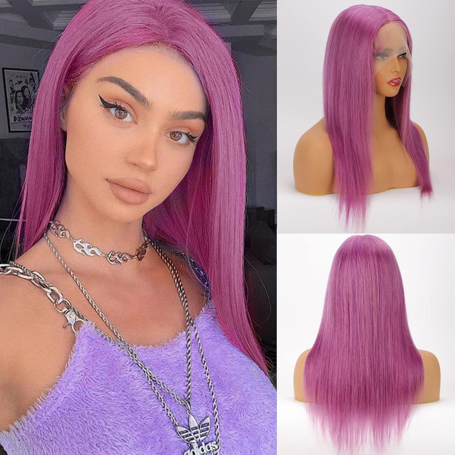 AISI QUEENS Pureple Lace Front Wigs Human Hair Long Straight Peony Pureple Color Hair Wig For Women Middle Part Lace Front Wig (Tpart Lace Front Wigs, Peony Purple)
