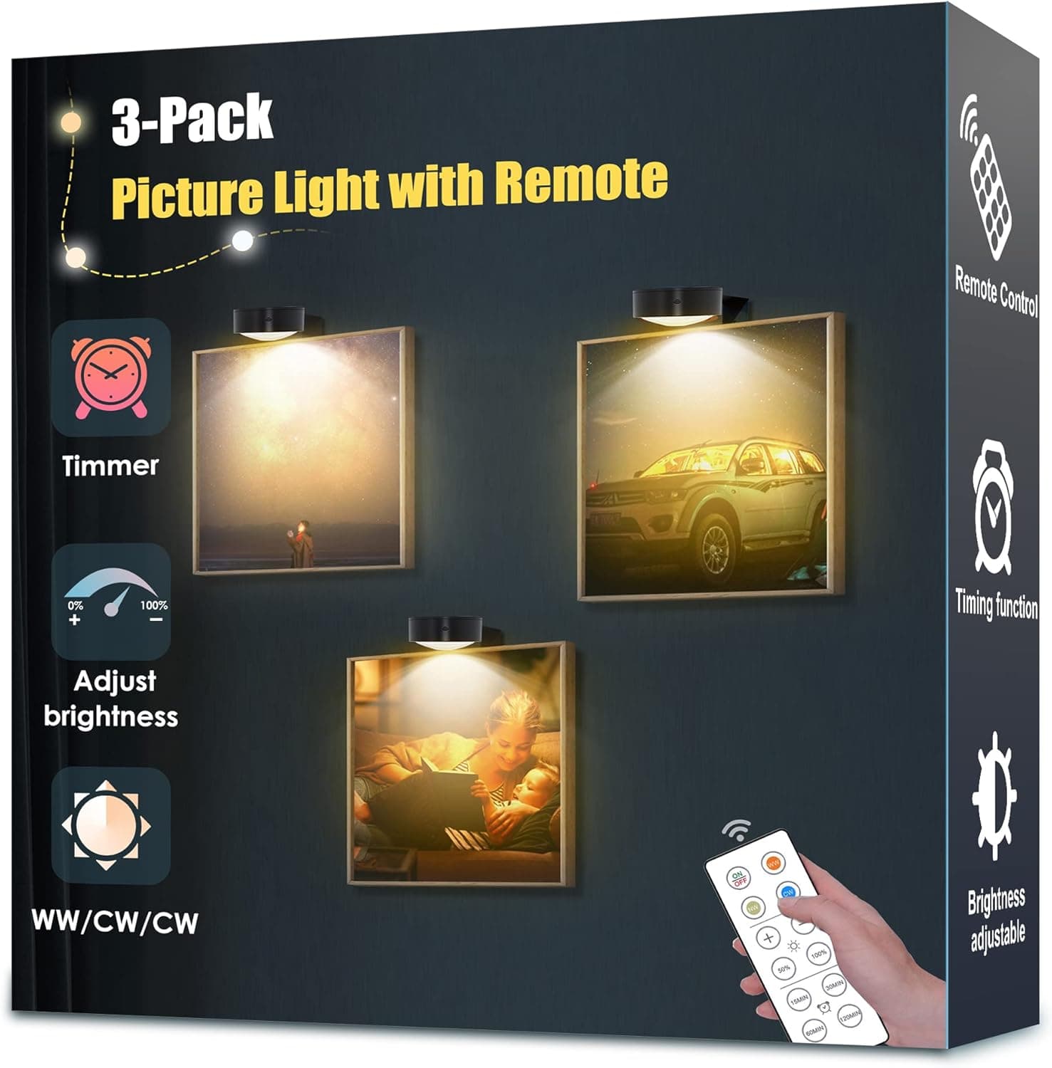 3-Pack Picture Light Battery Operated, Led Lights with Remote, Dimmable and Timer Painting Light, Art Display Light for Picture Frame Artworking Portrait, Home Wall Decor Puck Lights, Black