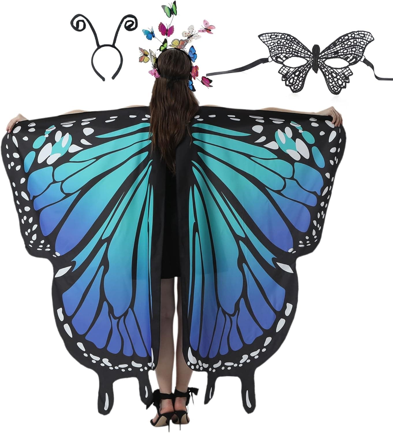 CISMARK Butterfly Wing Cape Shawl with Lace Mask and Black Velvet Antenna Headband and butterfly Headband (3/4pcs)/set