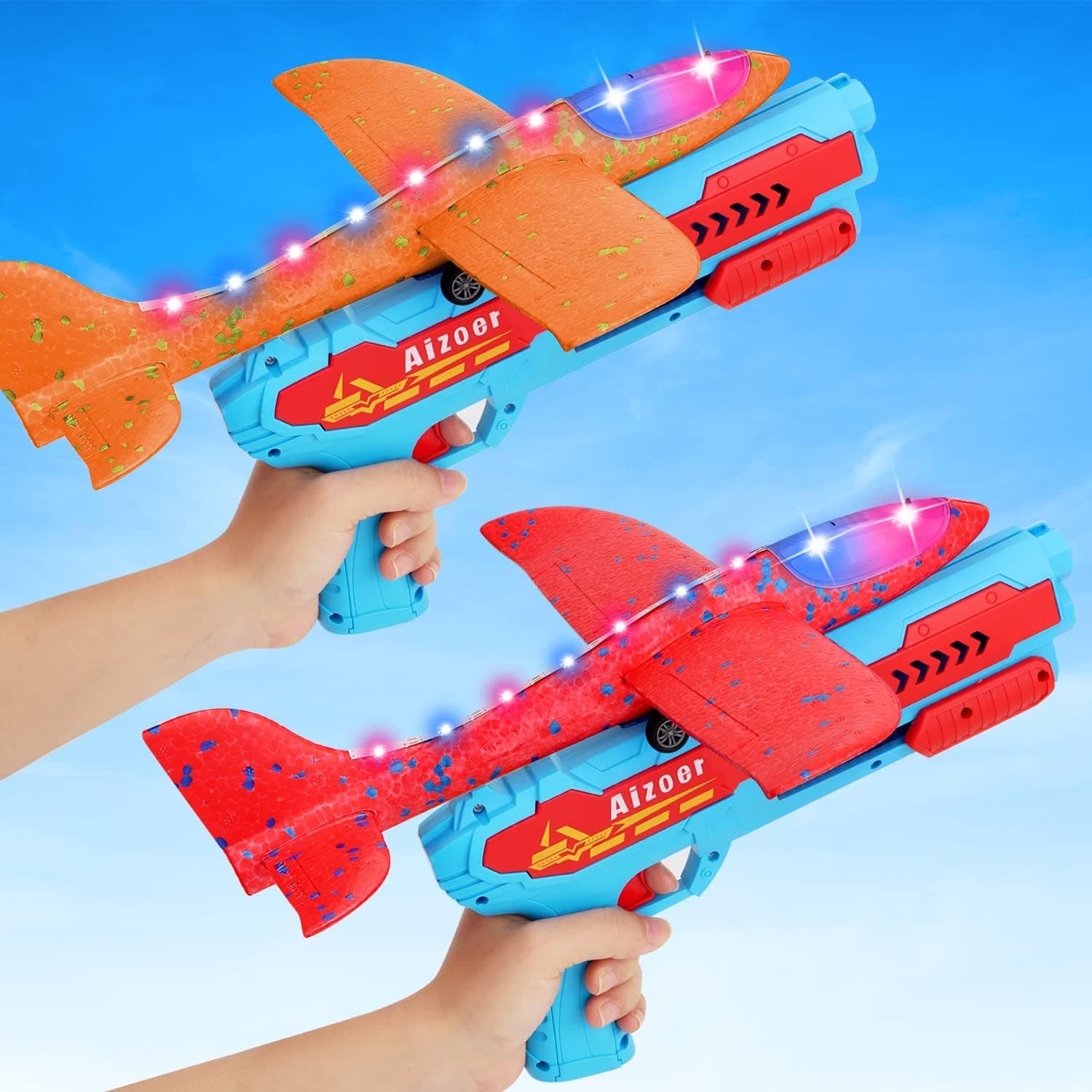 Aizoer Airplane Launcher Toy, 2 Flight Mode Catapult Toy, 12.6" Throwing Foam Plane with Launcher Toys Gun One-Click Ejection Shooting Airplane Toy for 6 7 8 9 Year Old Boy Kids (Red+Orange)