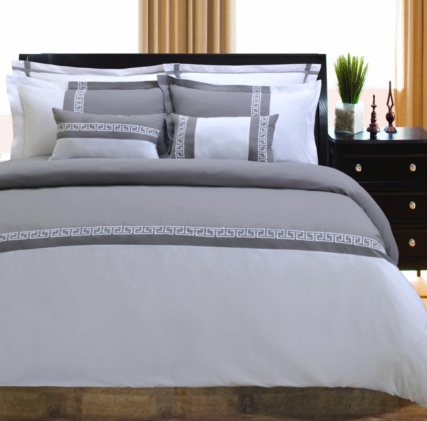 Emma 7-Piece, Wrinkle Resistant, King/California King Duvet Cover Set, Grey/White